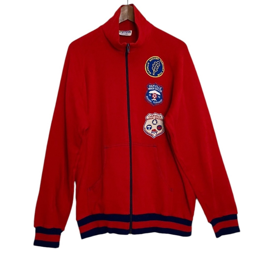 Vintage Sweater Mens XL Red Blue Full Zip Track Jacket 70s Soccer Coach Patches